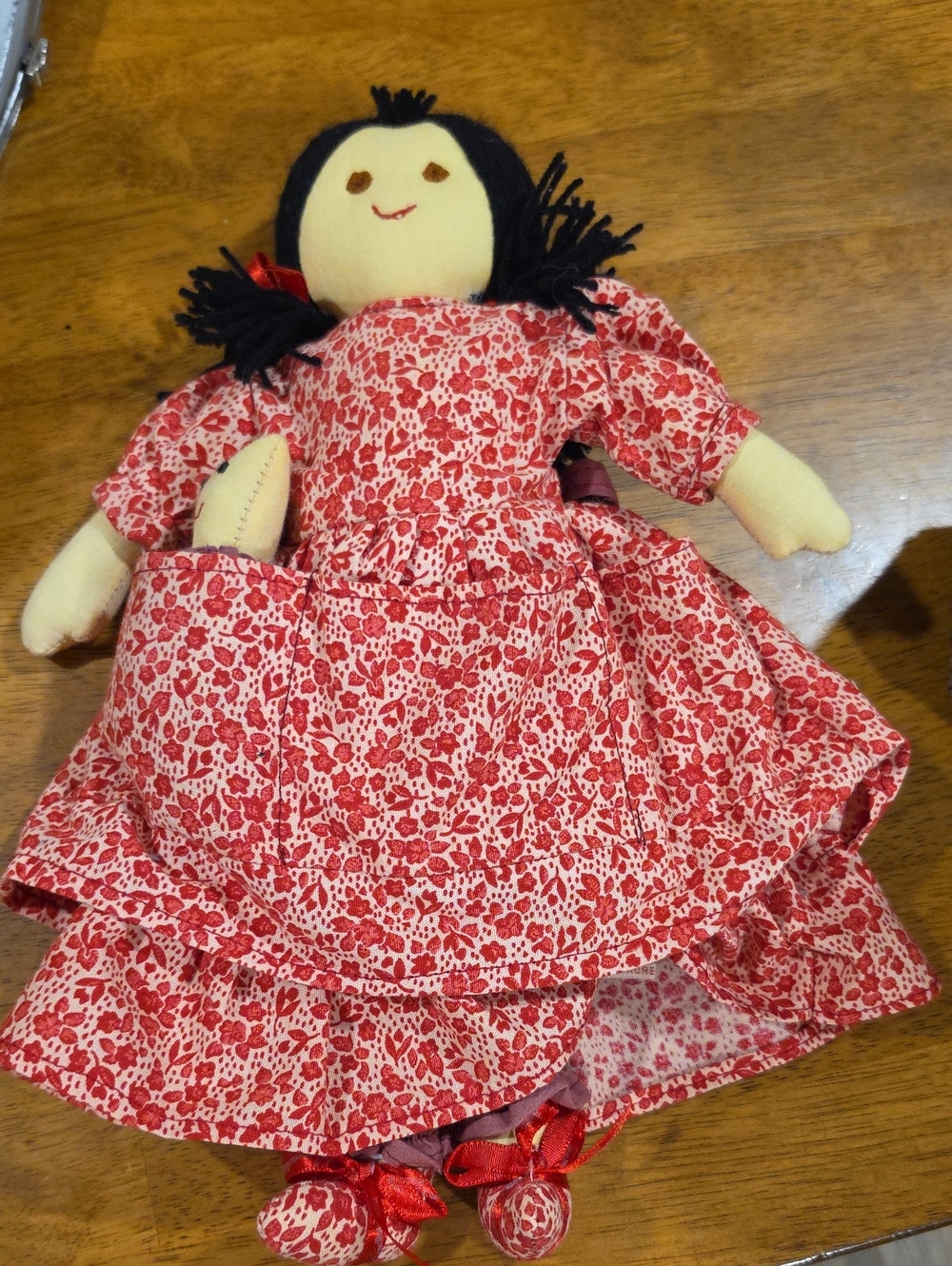 April Cornell Red Floral Cloth Doll with Black Yarn Hair